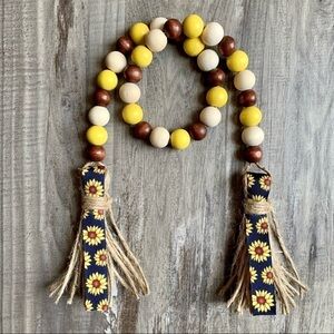 Sunflower Wood Bead Garland 28” Navy Brown Yellow Tassels Beaded Rope